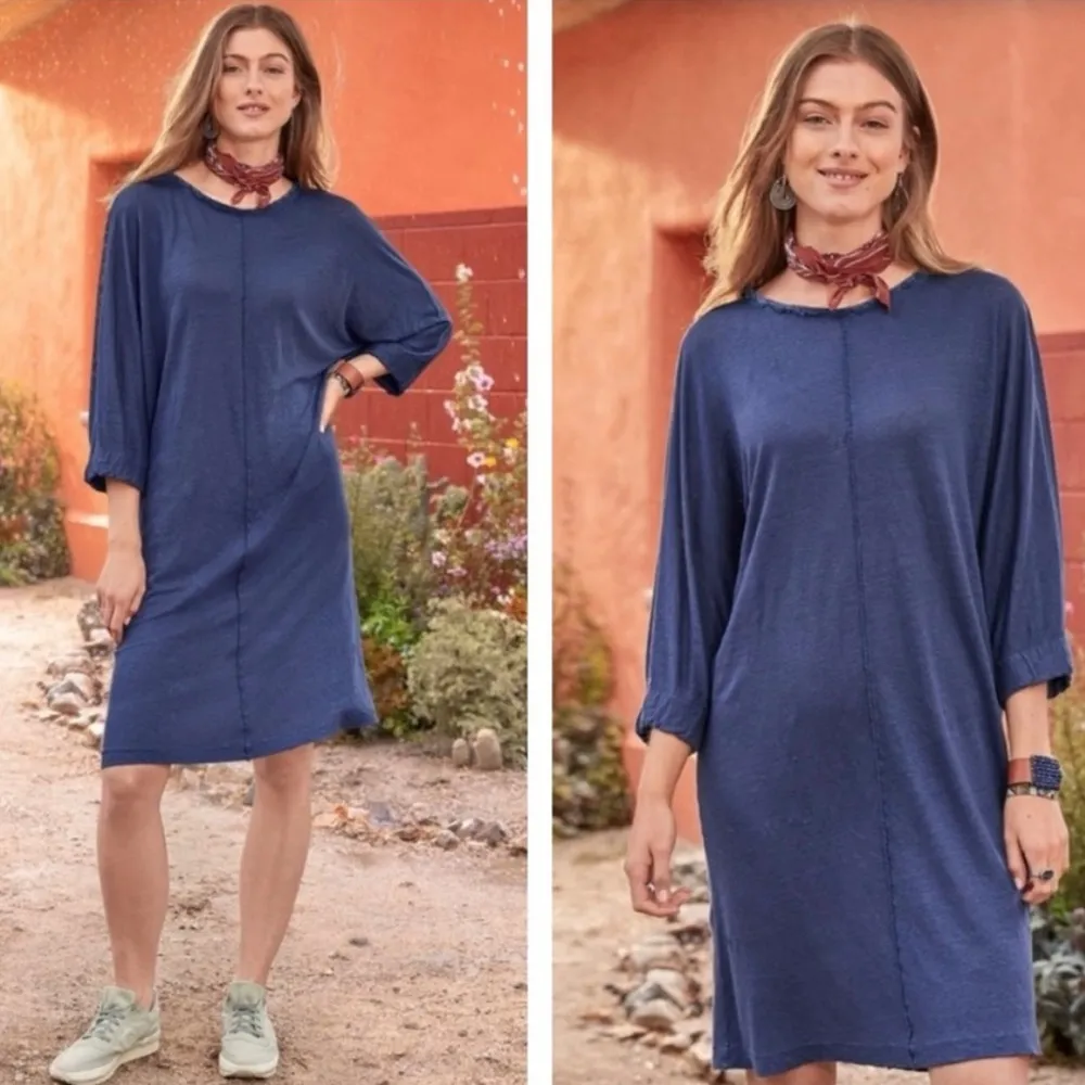 NEW Sundance Everyday Super Soft Linen Dress in Navy Blue Long Sleeve Fall Knit - Image 2
