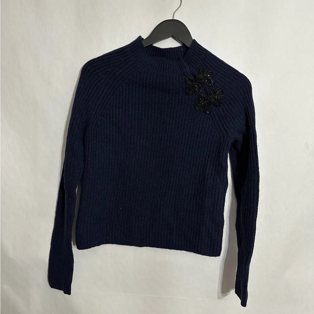 NWT J.Crew Navy Beaded Mock Neck Ribbed Sweater Women’s Size Small Holiday Party - Image 3