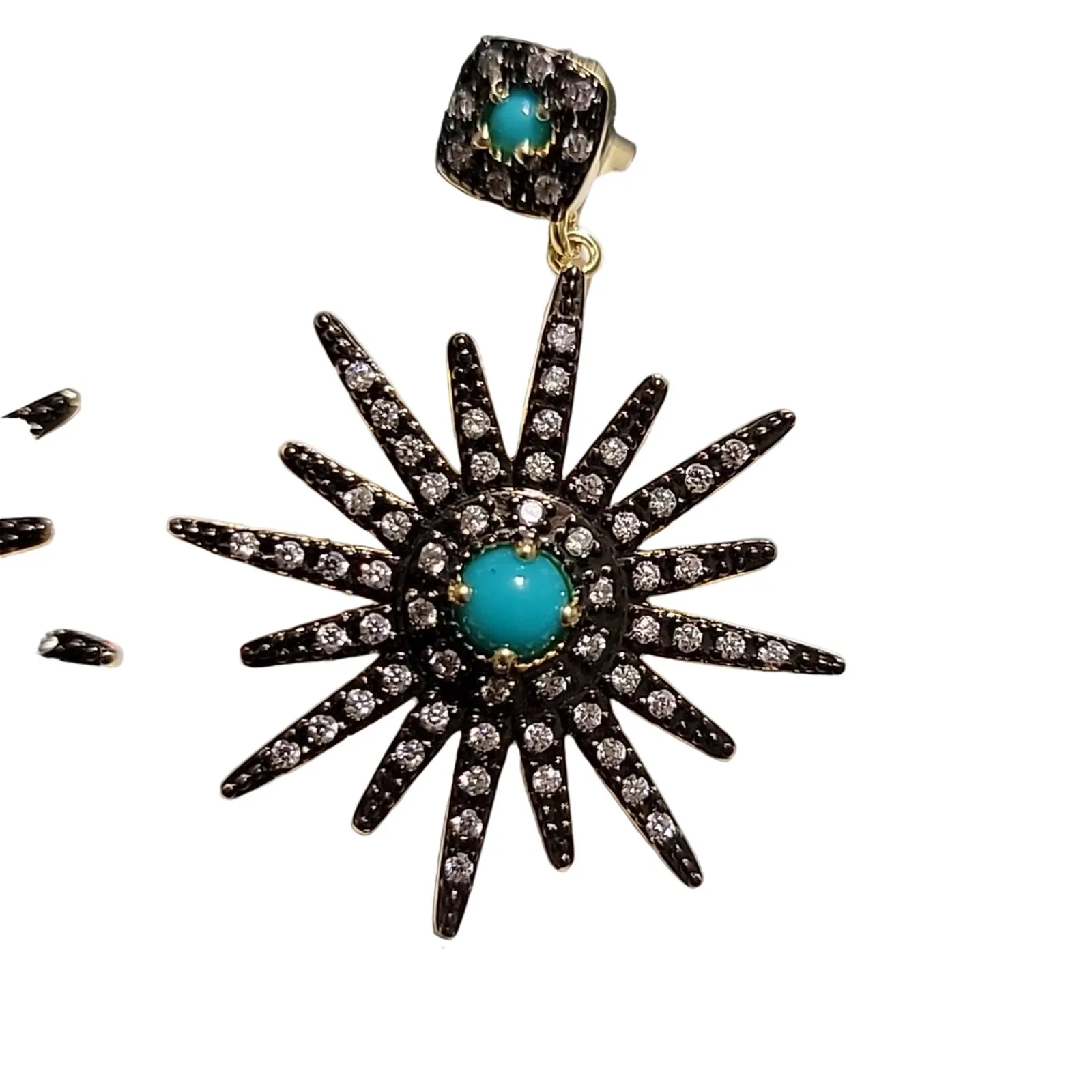 14k Yellow Gold Plated Turquoise Swarovski Crystal Starburst Dangle Earrings - Image 5