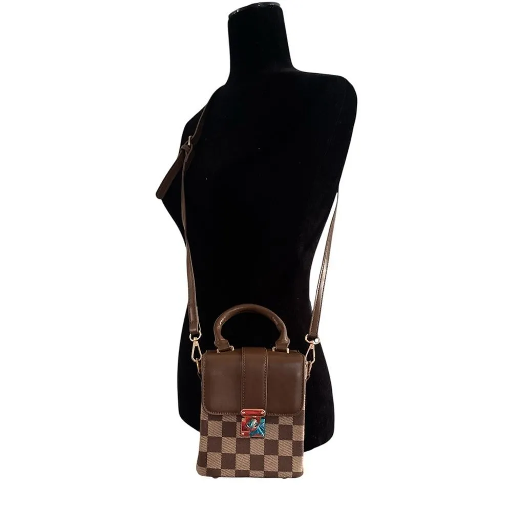 Elegant Brown Checkered Crossbody Bag NWT Brown - Image 3
