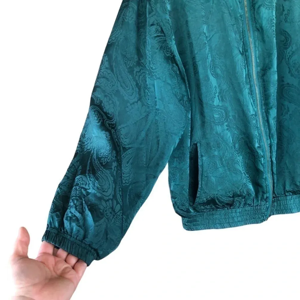 Vintage 90s 100% silk green paisley street wear bomber jacket Size L - Image 3