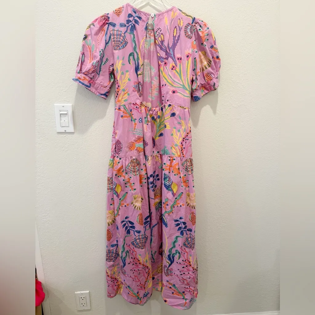 BANJANAN Valeria Midi Dress size Medium Pink Sea Beach‎ Print Puff Sleeves - Image 5