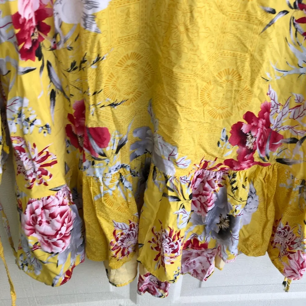 Jaase Women’s Shirt Tunic Yellow Floral Swan Ladder Lace Boho Medium - Image 8