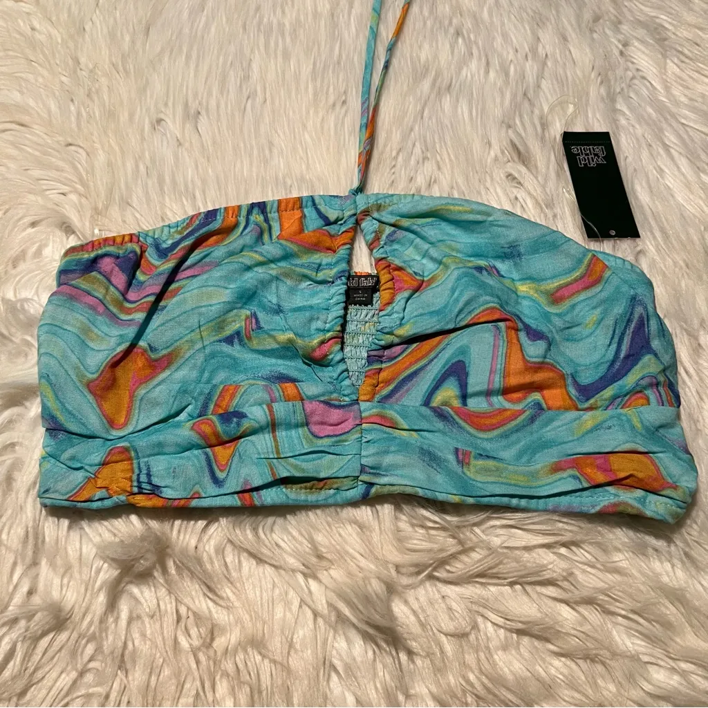 Wild Fable Swirl Marble Halter Crop Top Aqua Blue L - Image 3