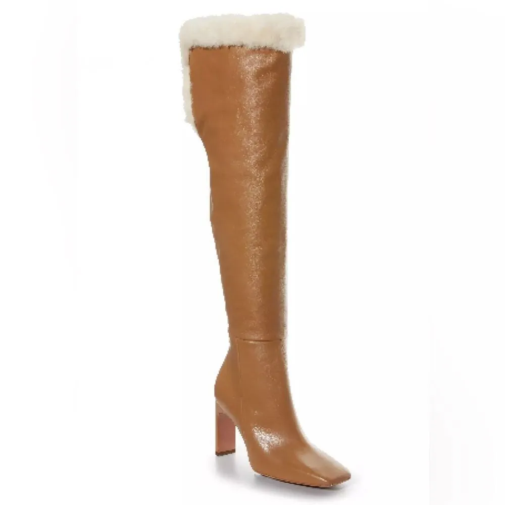 BCBGMAXAZRIA‎ Tan Leather Over The Knee Boot Faux Fur High Block Heel Size 7 - Image 3
