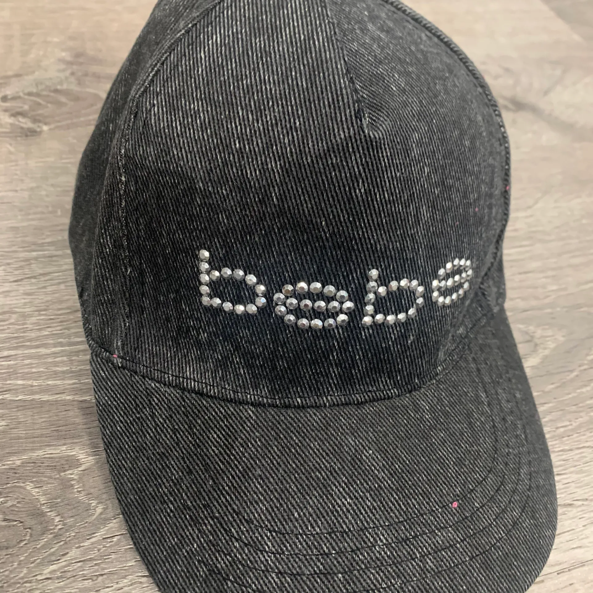 Sport Rhinestone Logo Baseball Hat/OS/NWT Cap Black Washed Denim Fabric - Image 2