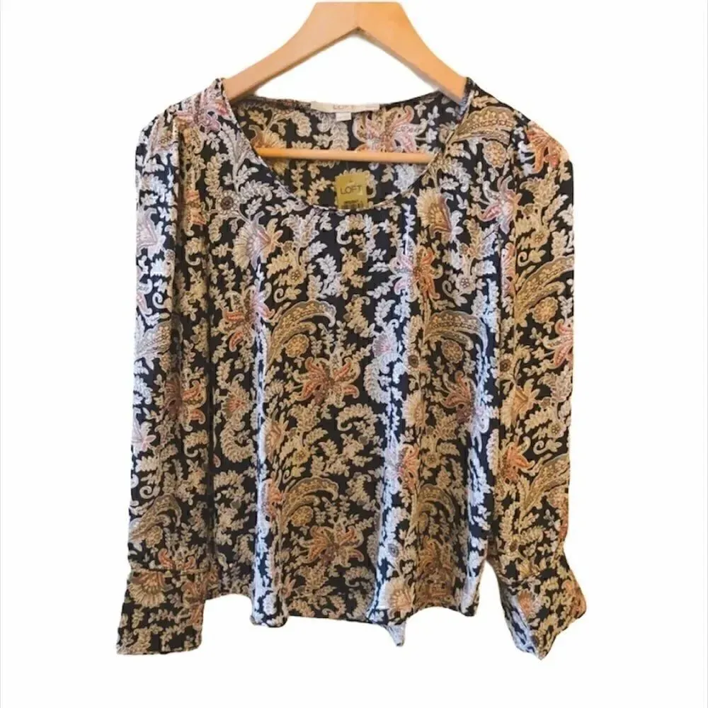 LOFT Ann Taylor - Floral Paisley  Gray Long Sleeves Lightweight Blouse SZ XSP - Image 2