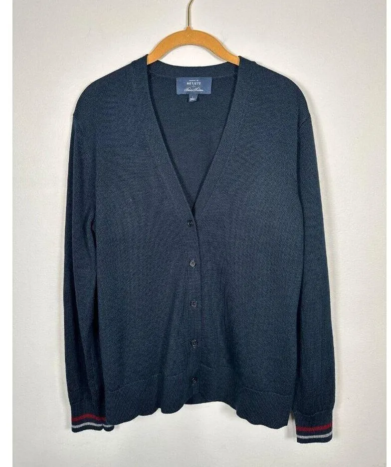Brooks Brothers Large Womens Cardigan Striped Wrists Navy Blue V-Neck Wool Blend - Image 2
