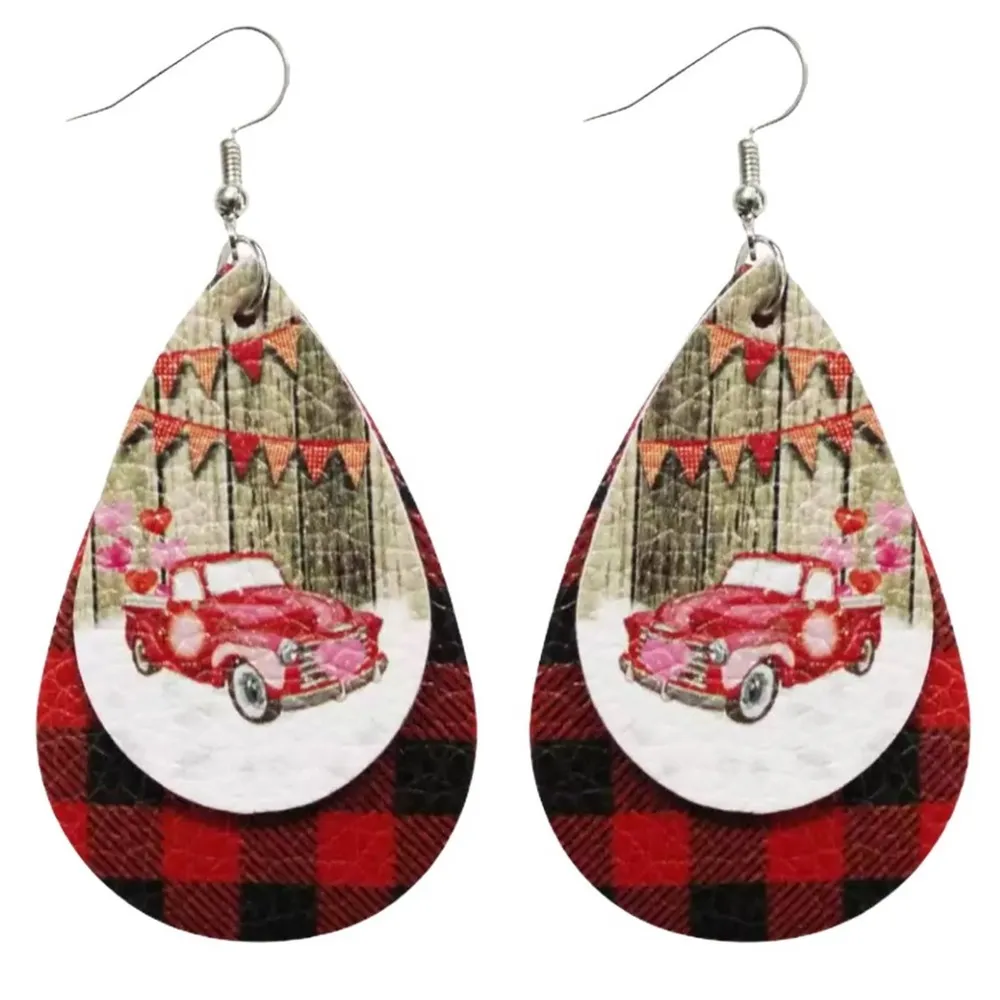 Country Style Vegan Leather Plaid Holiday Earrings - Image 3