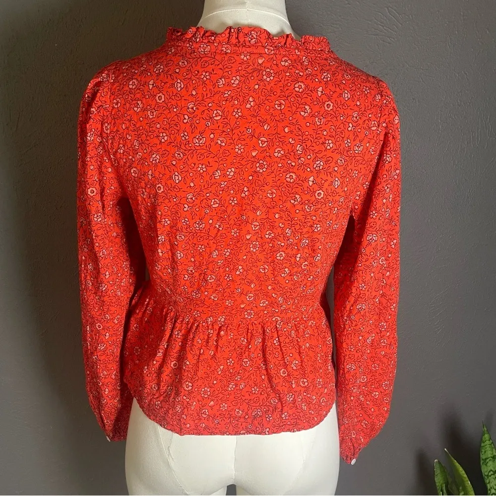Boho Red Floral Wrap Blouse XS Ruffle Peplum Top Long Sleeve Fall Outfit Trend‎ - Image 5