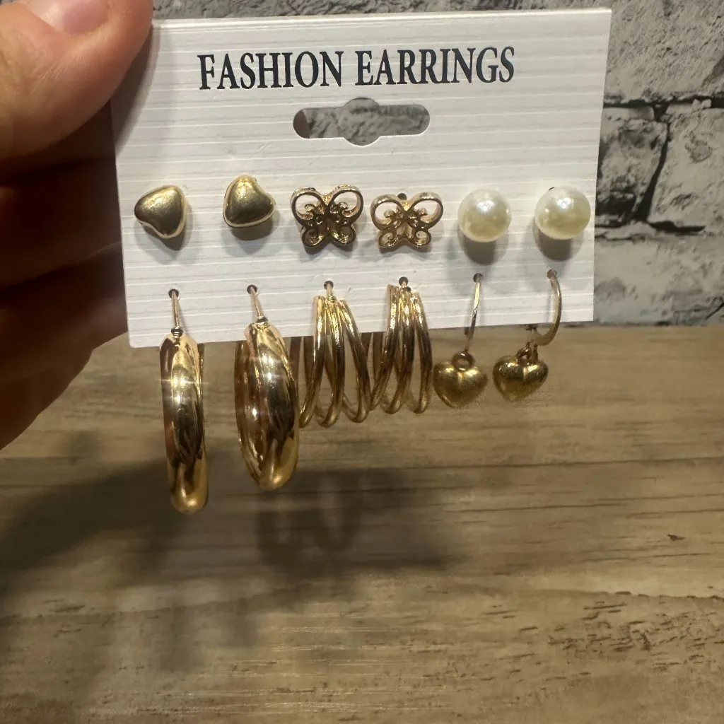 EUC Fashion Earrings Full Set (3 Studs, 2 Small Hoops, 1 Dangle Heart) Gold - Image 4