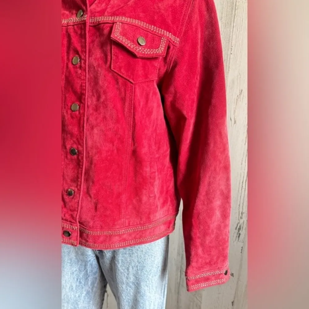 Red Suede Jacket Beaded Details western Large boho See description - Image 7
