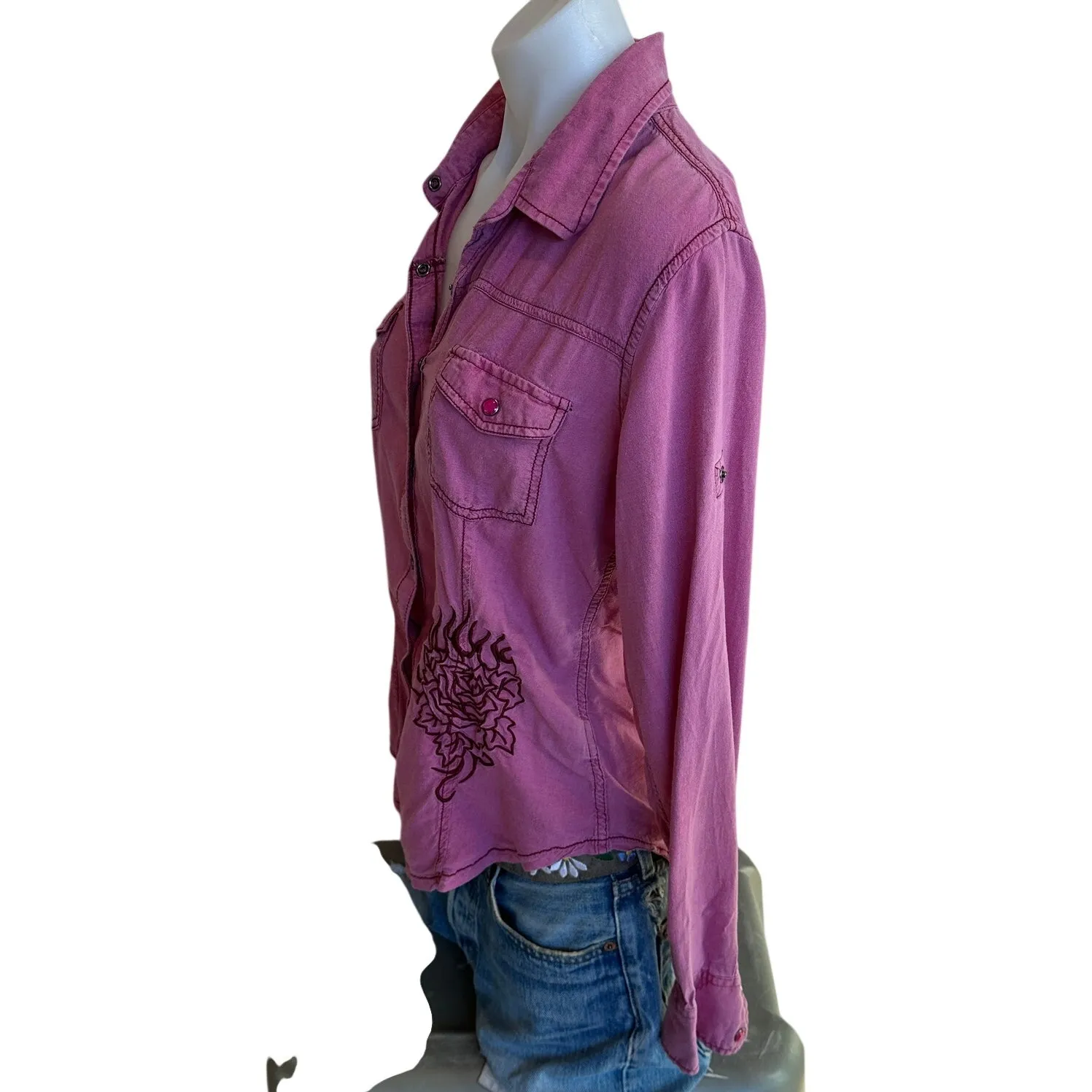 Rock & Roll Cowgirl Pink Embroidered Western Shirt LARGE Angel Wing Western RARE - Image 2