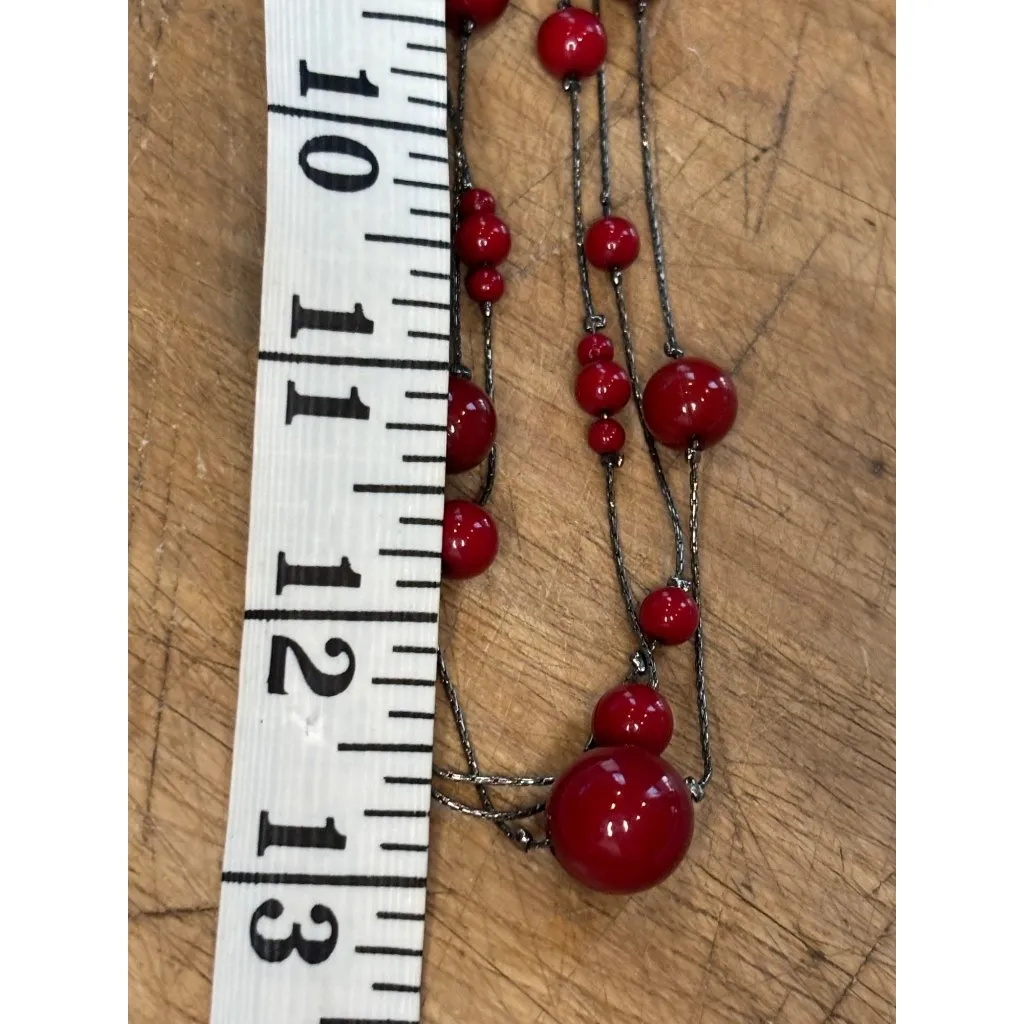 Long Layered Red Bead Necklace With Black Multistrand Wire & Lobster Clasp Jewel - Image 4