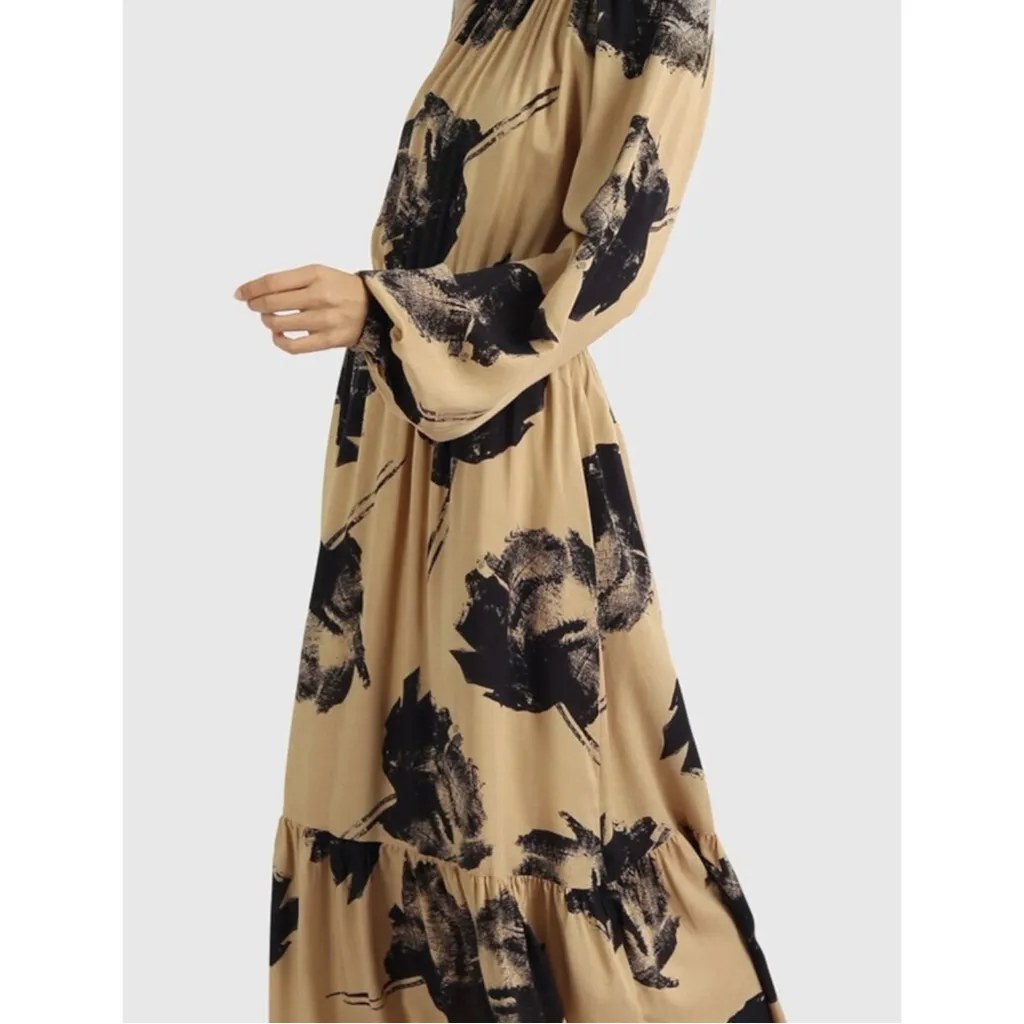 United Colors Of Benetton Black & Tan Floral Long Sleeve Midi Dress Size Large - Image 11
