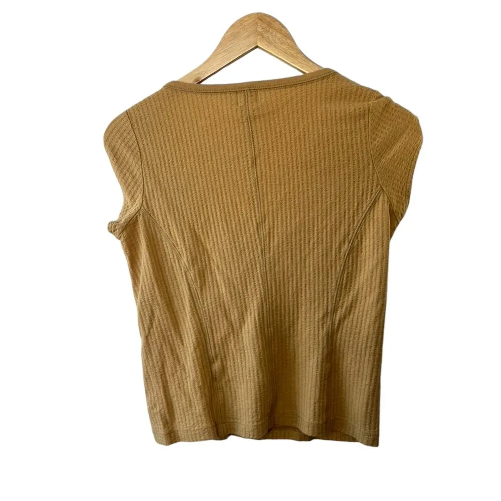 Calvin Klein Y2K Tan Cap Sleeve Ribbed Scoop Neck Top Sz Large Buckle Sleeves - Image 8
