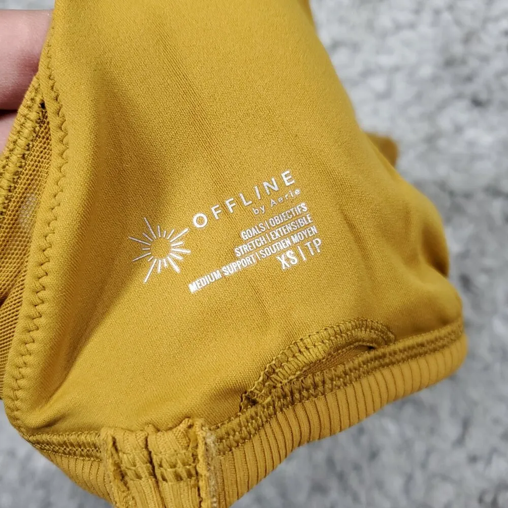 Aerie Offline Ribbed Plunge Sports Bra Yellow Brown Honey Goals Stretch Size XS - Image 4