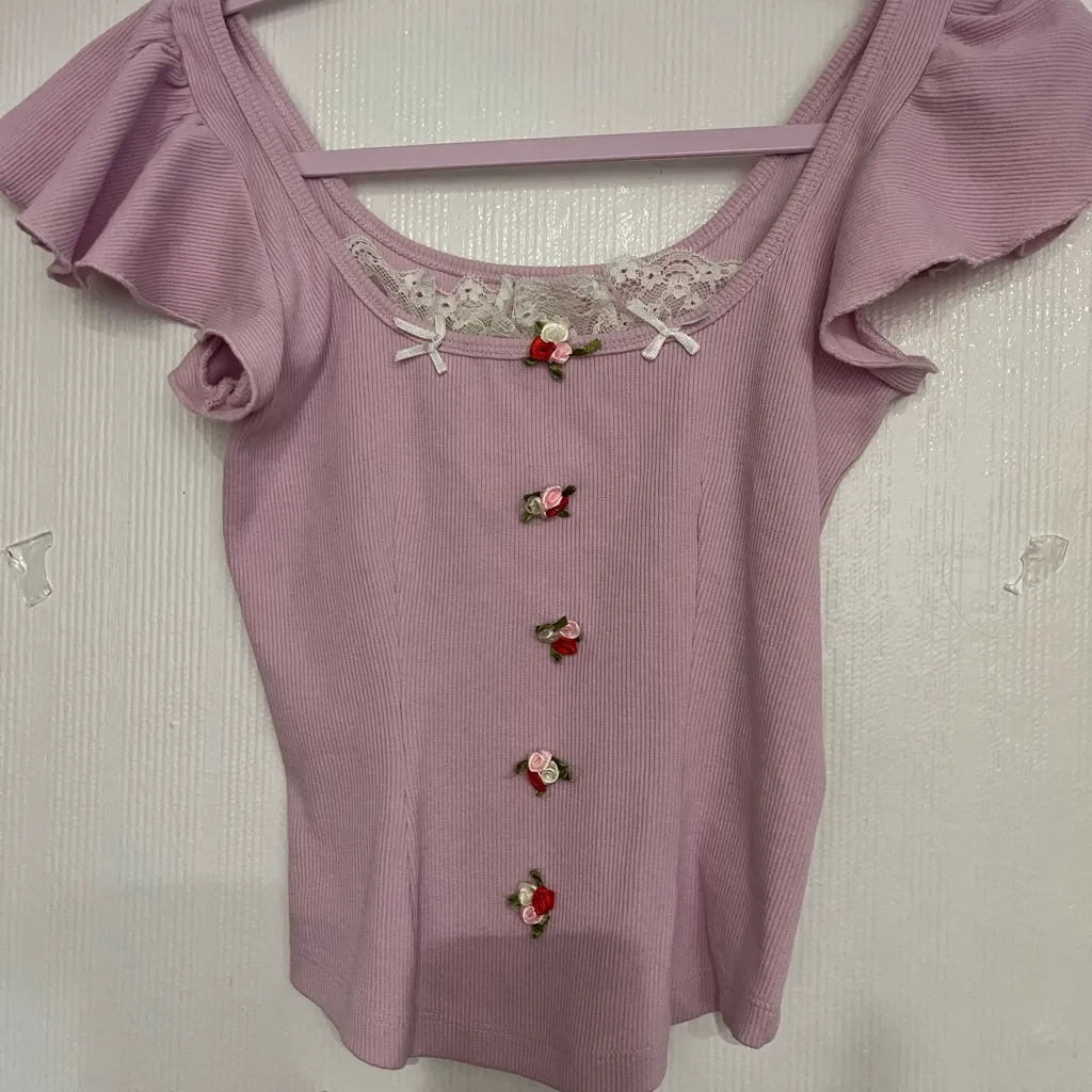 Lilac Ruffle Sleeve Crop Top Pink Size M - Image 4