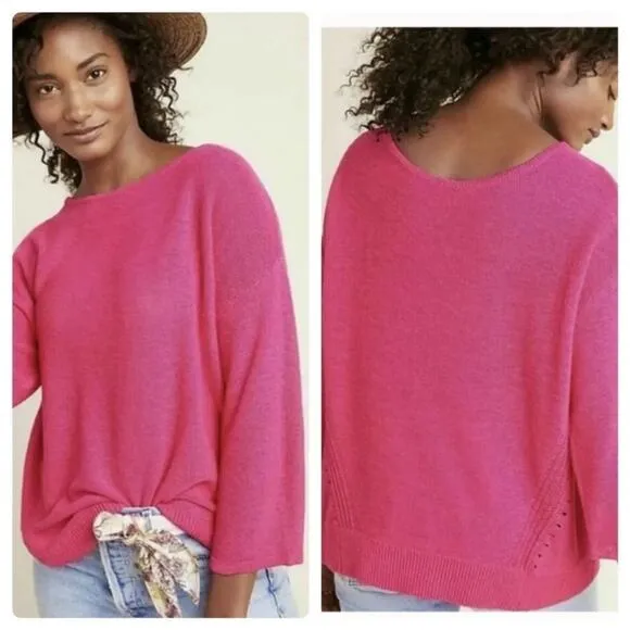 Anthropologie Mayfield Hot Pink Linen Blend Boatneck Boho Slouchy Sweater S - Image 2