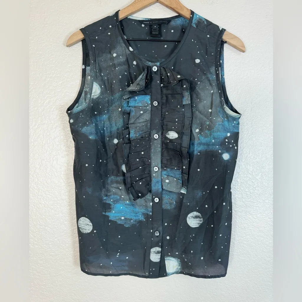 Marc by Marc Jacobs Stargazer Black Ruffled Sleeveless Top Medium Cotton Silk - Image 4