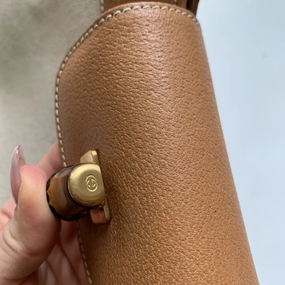 Vintage Authentic Gucci 90’s Leather Bamboo Canvas Shoulder Tan Preppy Classic - Image 9