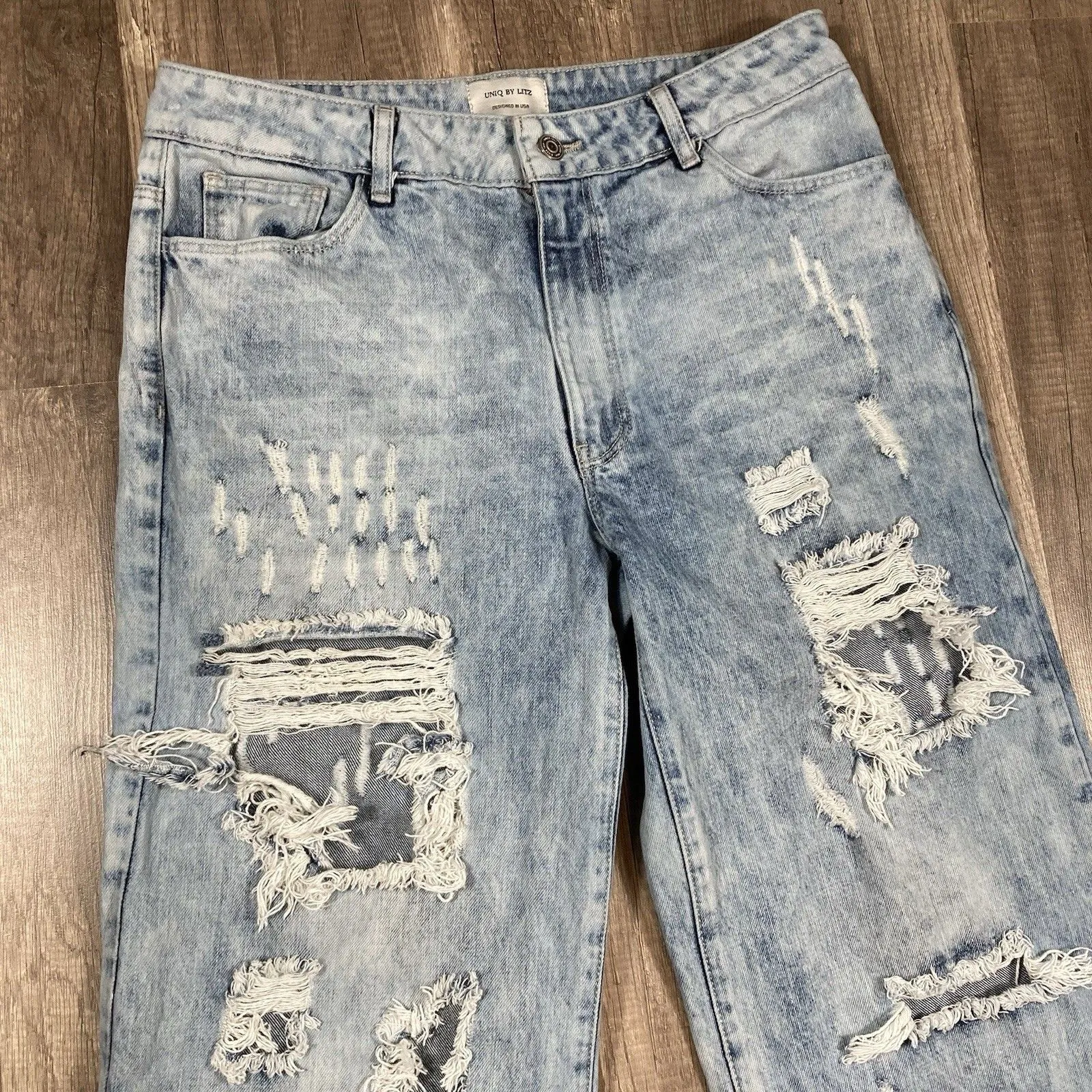 Uniq By Litz Jeans Womens 30/11 Wide Leg Retro Light Wash Acid Distressed 31x32 Blue - Image 2