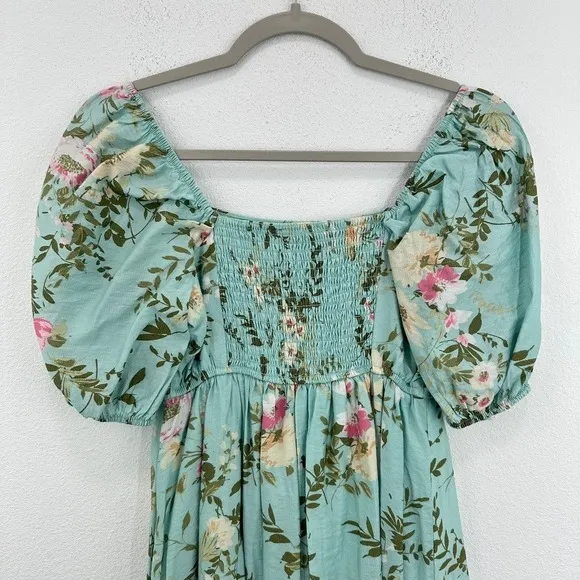 By The River Blue Floral Dress‎ Square Neck Puff Sleeve Smocked Tiered Romantic - Image 6