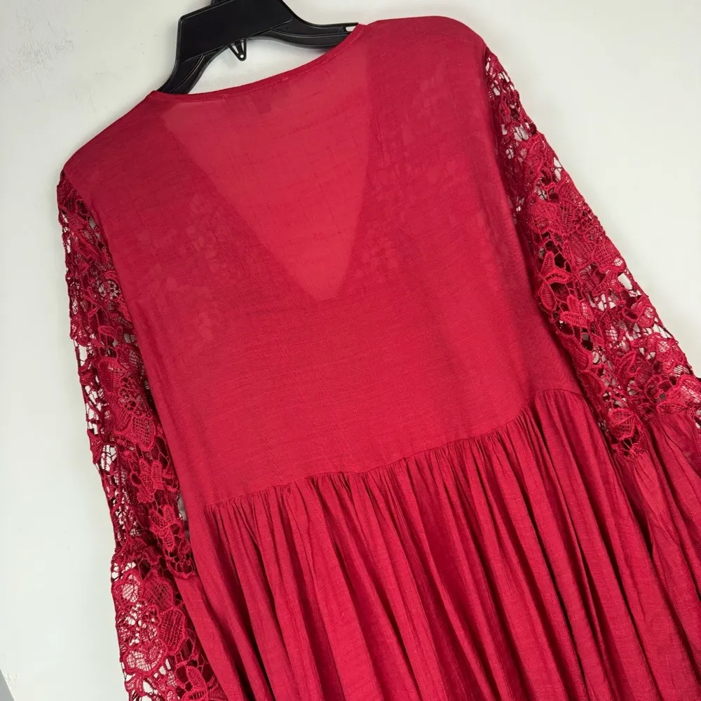 J Gee Babydoll Lace Crochet Tunic Mini Dress Sz Large Red Bell Sleeve Flowy - Image 13