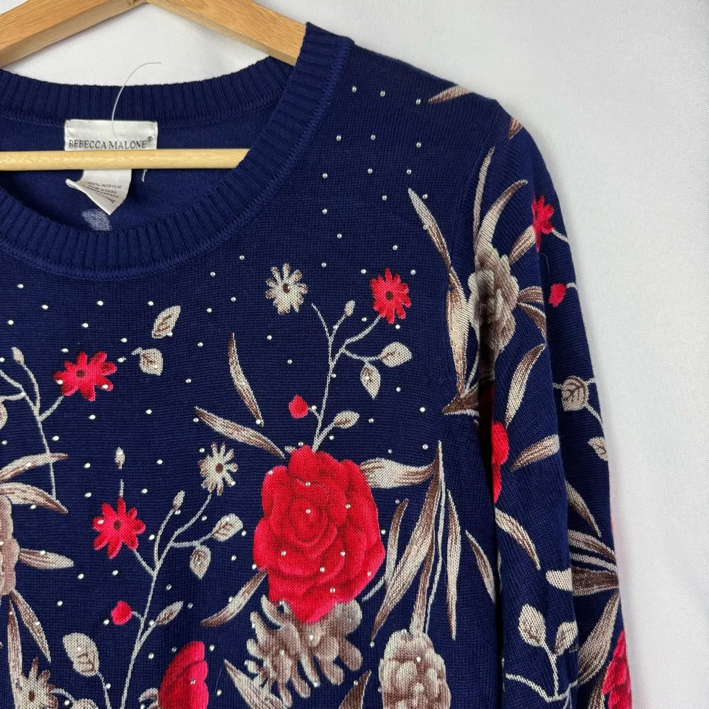 Rebecca Malone Navy Blue Red Rose Floral Long Sleeve Knit Sweater L - Image 3