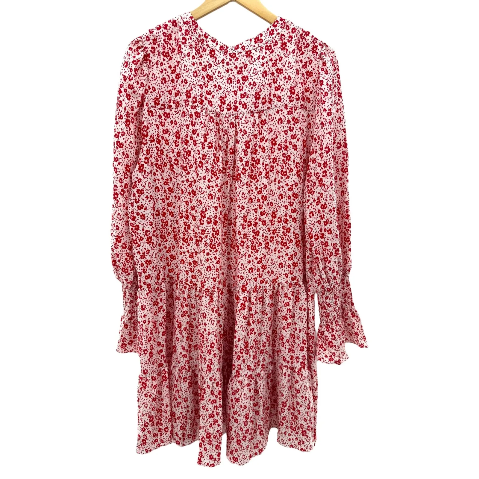 Pomander Place Kenzo‎ Dress XXL Red Ditsy Floral Tiered Long Sleeve Boho V Neck - Image 7