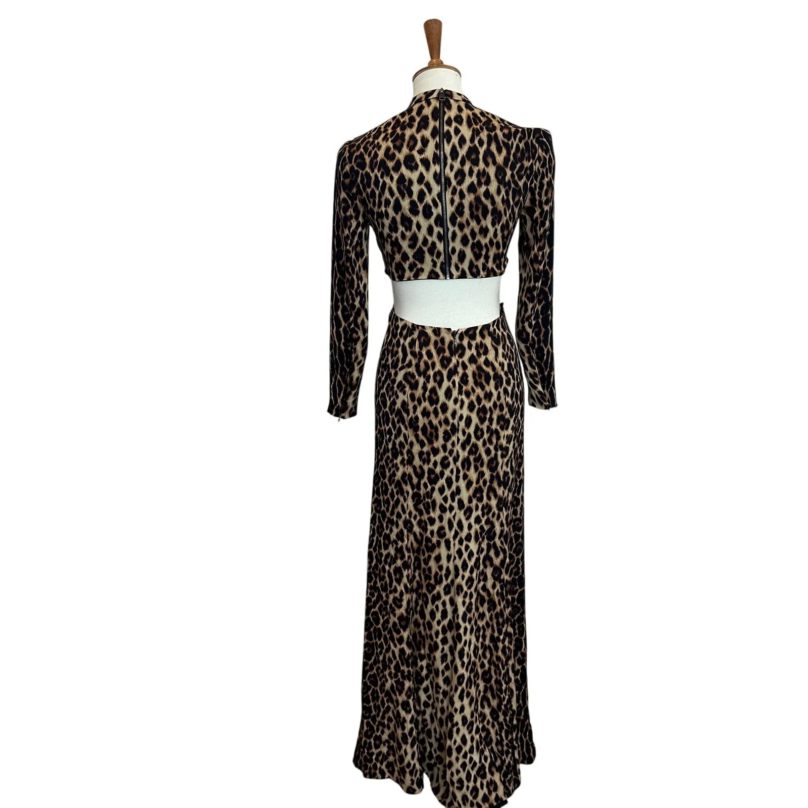 A.L.C. Brown Leopard Long Sleeve Gown Size 4 Silk Maxi Dress Cutout Waist $900 - Image 8