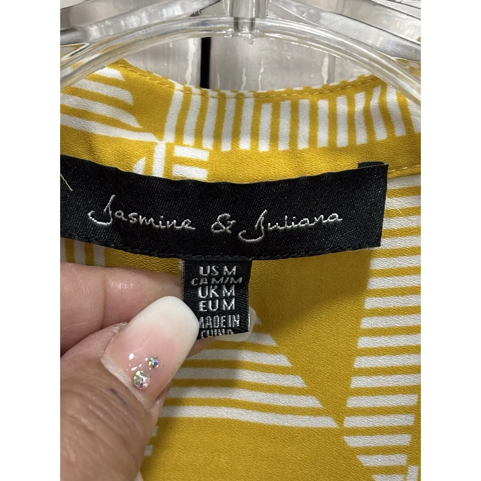 Jasmine & Juliana Yellow/White Geo Blouse Size M Cap Sleeve Chiffon Buttons‎ - Image 2