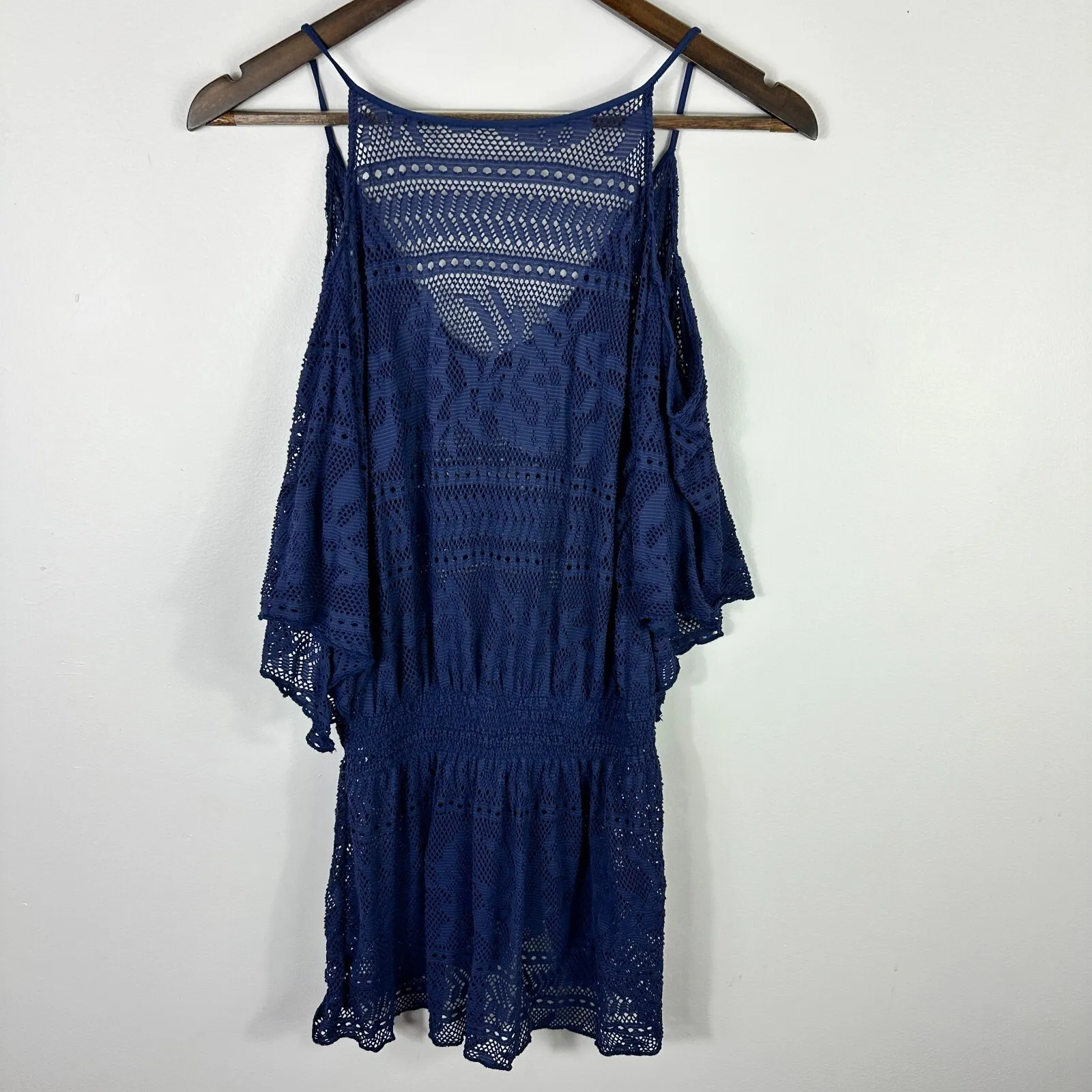 Becca Cover Up Dress Women Cold Shoulder‎ Navy Crochet Boho Beach Festival XS Blue - Image 2
