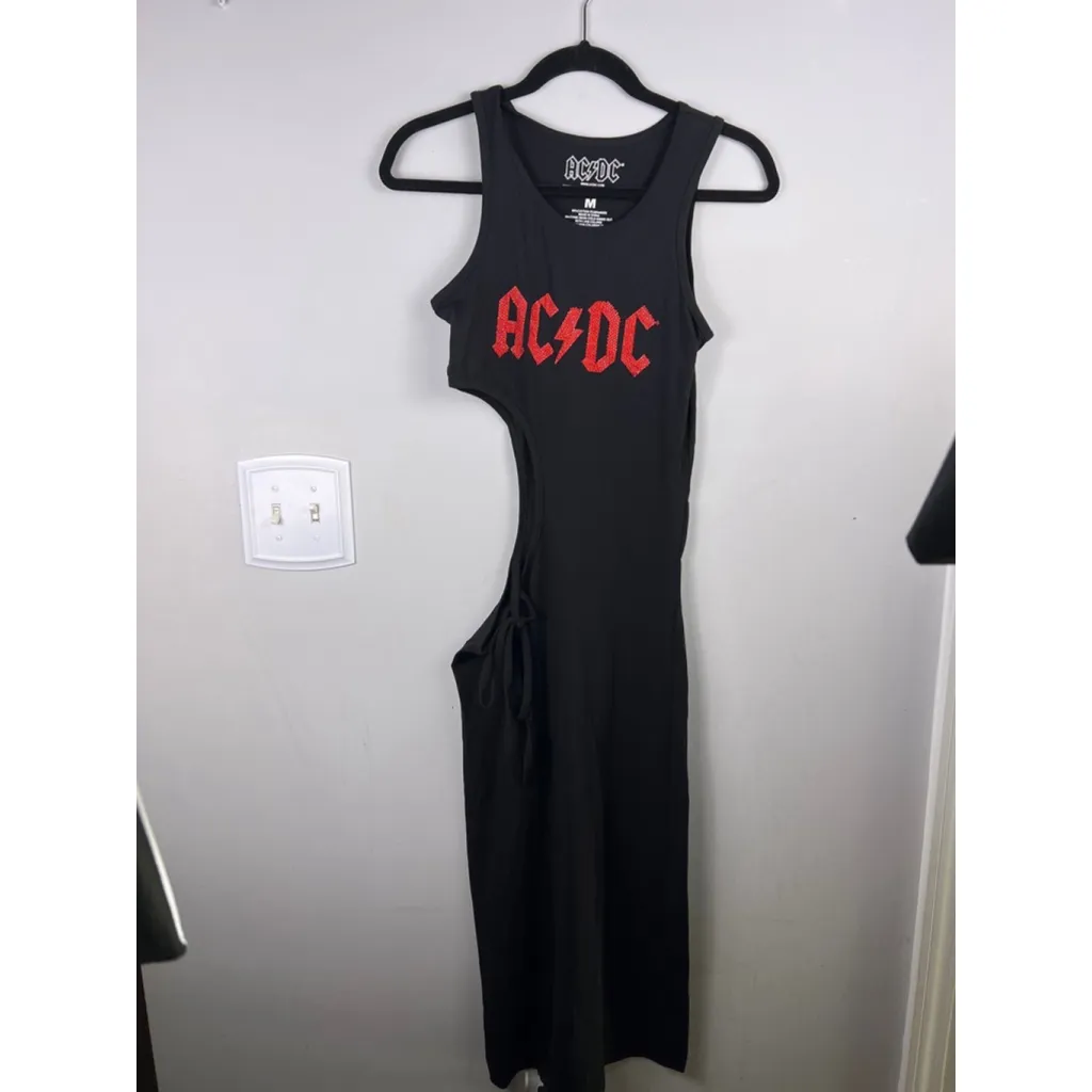 AC/DC Rhinestone Cutout Maxi Dress – Women's M – Rock Band Graphic Tie-Side Dres - Image 2