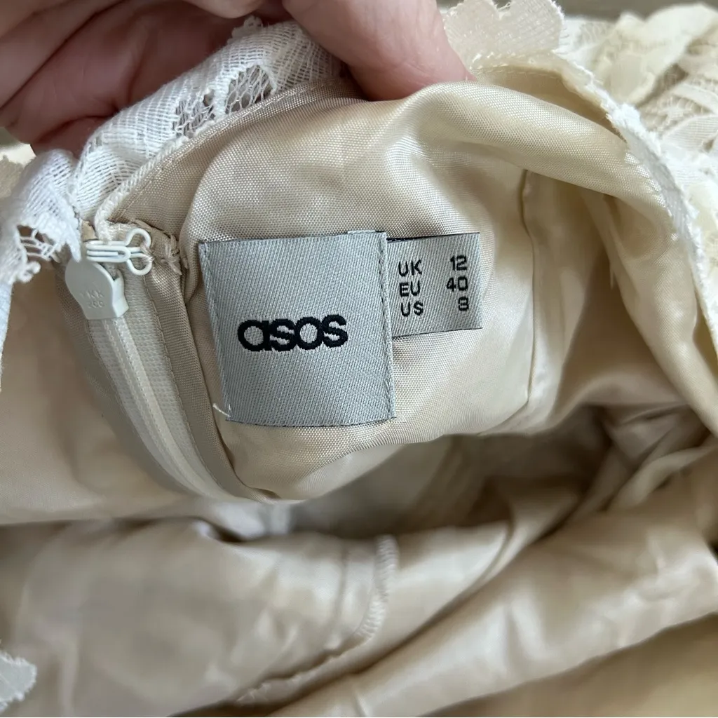 ASOS Off White All Lace Floral Appliqué Cap Sleeve A Line V Back Mini Dress 8 - Image 7