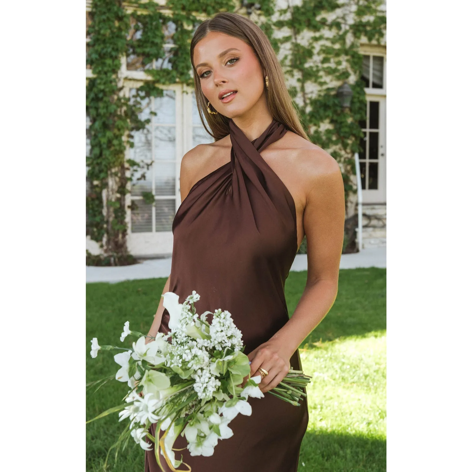 Show Me Your Mumu Jasmine Halter Maxi Dress Chocolate Luxe Satin S - Image 3