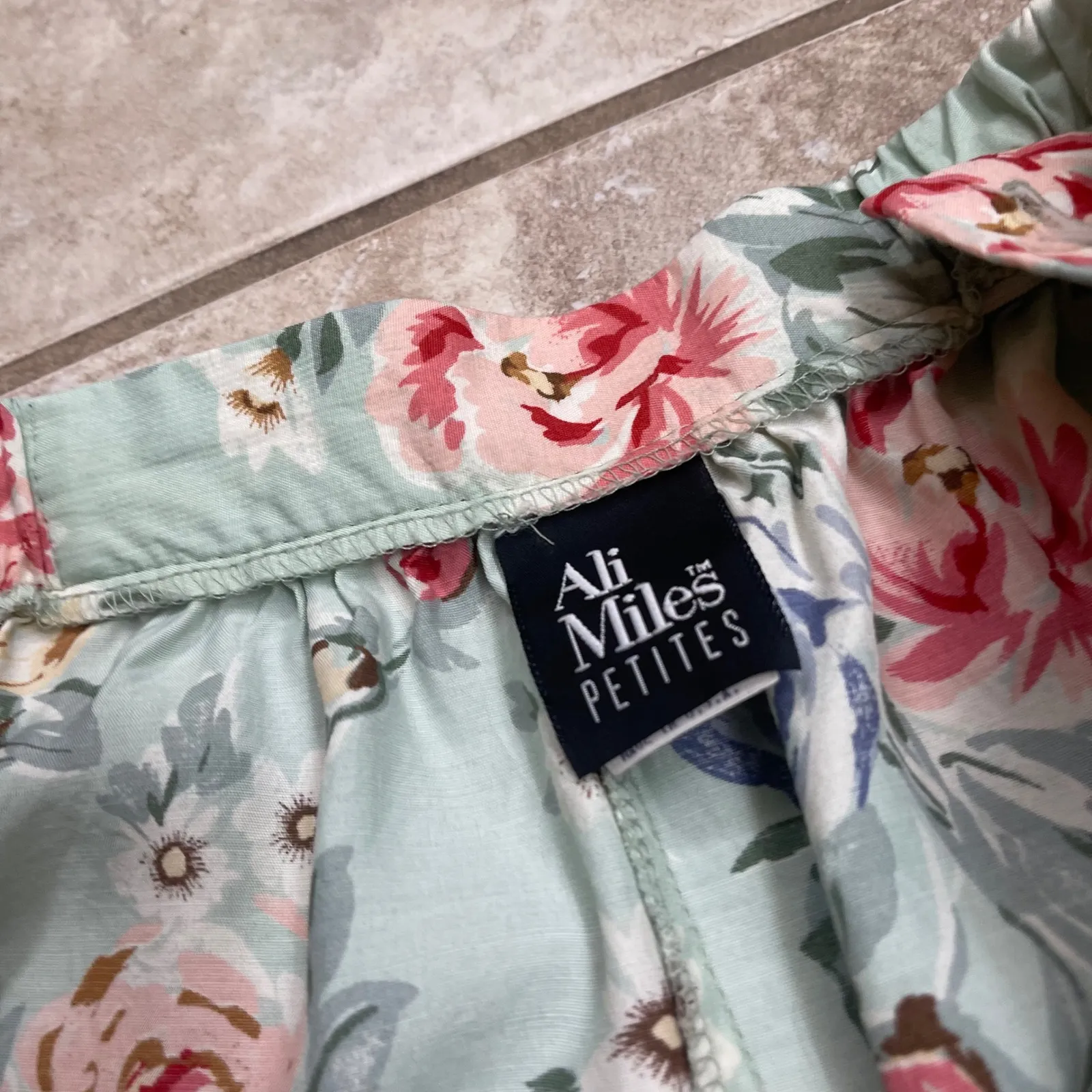 Ali Miles Petites Floral Print Two Piece Outfit Top Skirt Size 14 vintage USA Green - Image 4