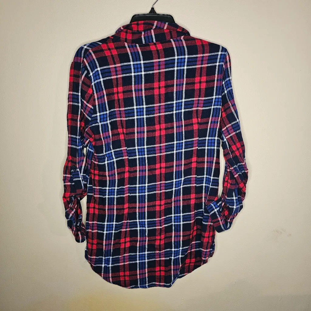 No Boundaries  Red And Blue Plaid Button Down Tunic Blouse With Rollable Sleeves - Image 2