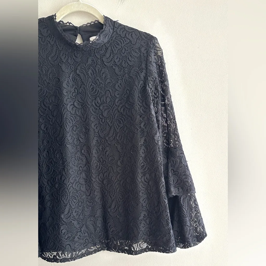 Laundry by Shelli Segal Black Lace Ruffle Balloon Sleeve Blouse, Size Large - Image 4