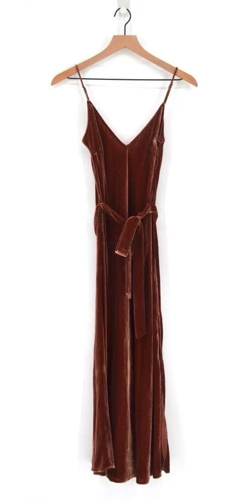 Frame Belted Velvet Midi Dress Slit Sleeveless V-Neck in Spice Brown Women's XS - Image 3