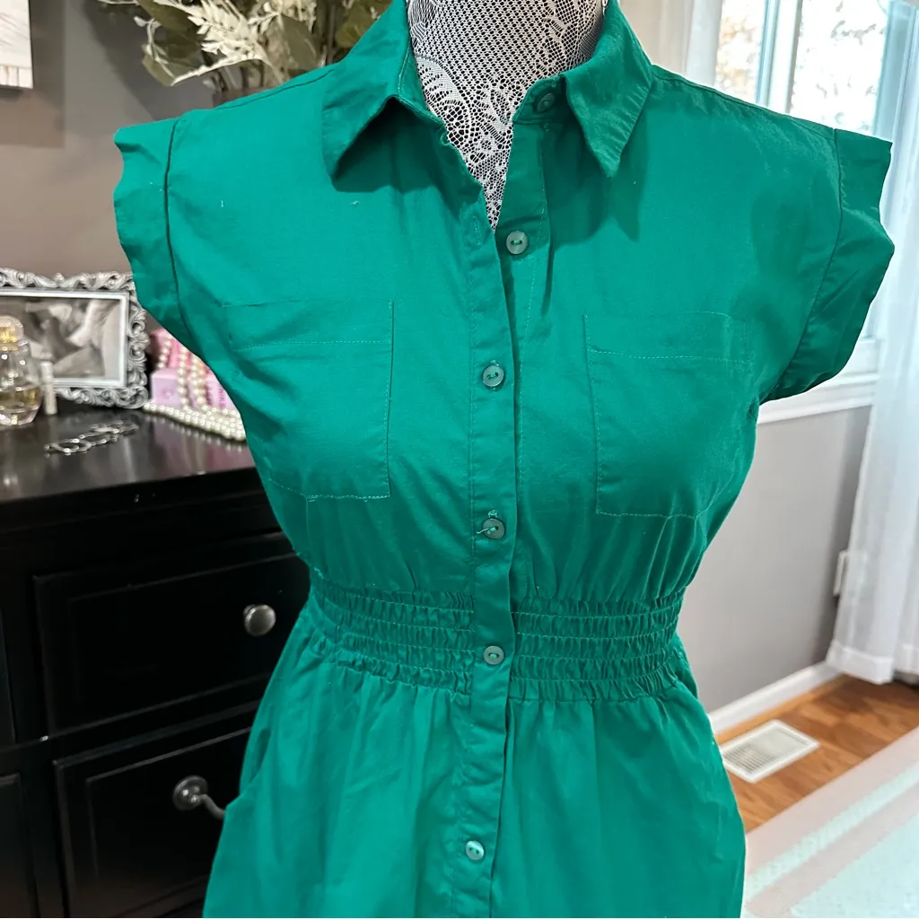 Monteau Los Angeles Emerald Green Button Front Shirtdress – Cinched Waist Medium - Image 6