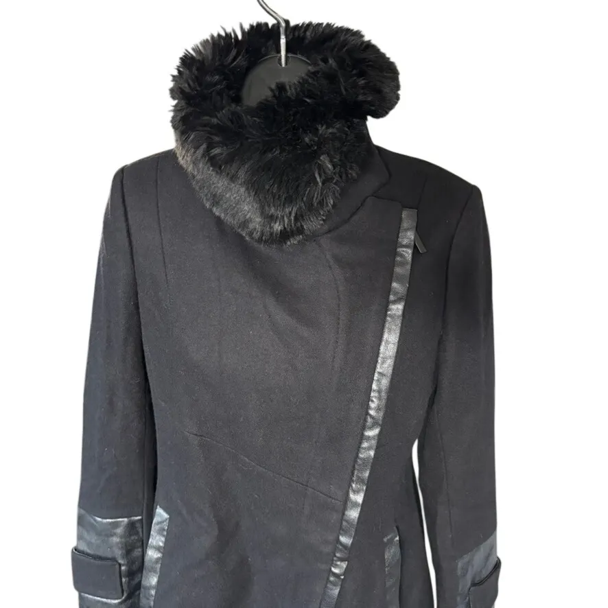 Via Spiga Wool Faux Fur Collar Jacket Sz 2P Black Military Moto Faux Leather - Image 2
