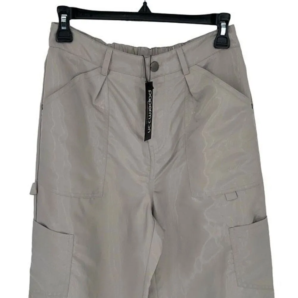 Papermoon Womens Flat Front High-Rise Straight Leg Cargo Pants Gray Sheen Small - Image 2