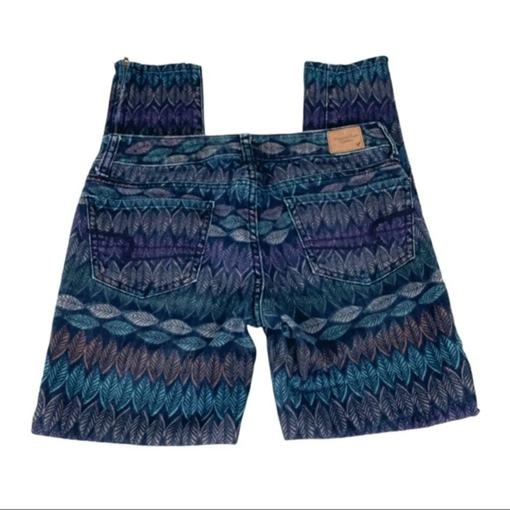 American Eagle Leaf Print Jegging Jeans Zipper Ankle Blue Multi Color Size 4 - Image 4