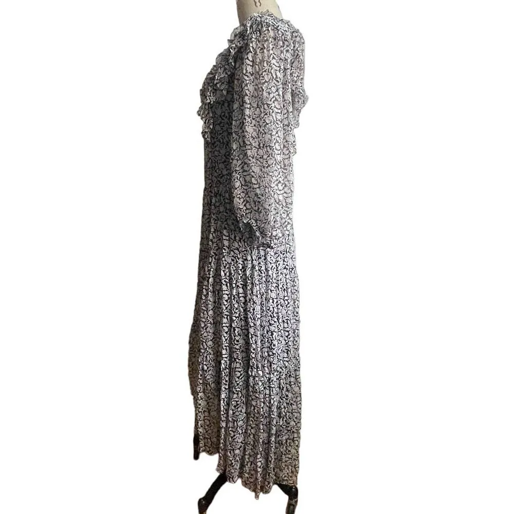 joie Ruffle Floral High Low 100% Silk Prairie Dress in Black & White Size Medium - Image 3