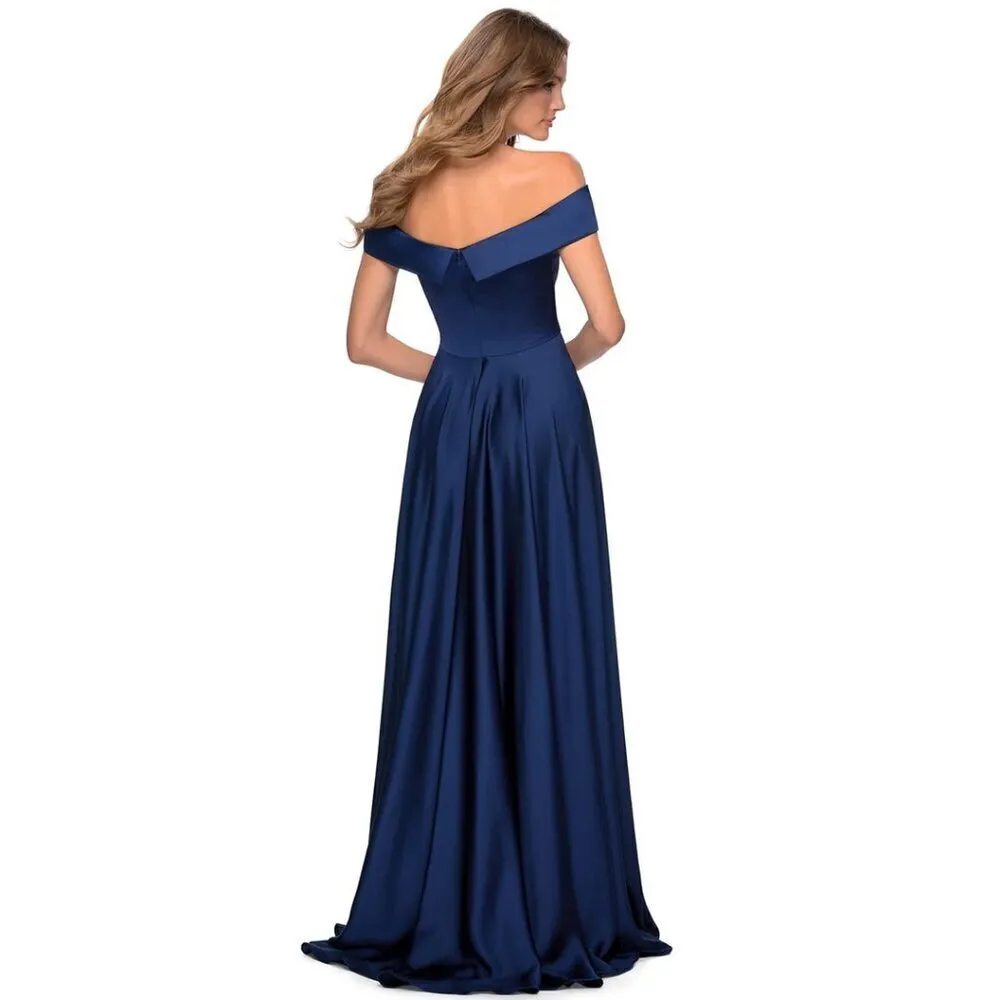 LA FEMME Off Shoulder Satin A-Line Gown in Navy Size US 2 - Image 9