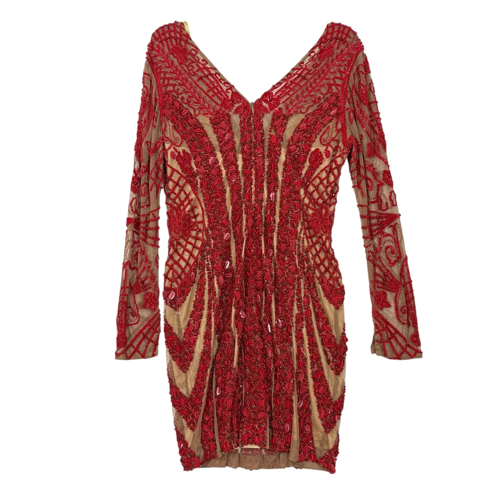 FOREVER UNIQUE LONDON Red Beaded Embellished Long Sleeve Mini Dress Size US 8 M - Image 3