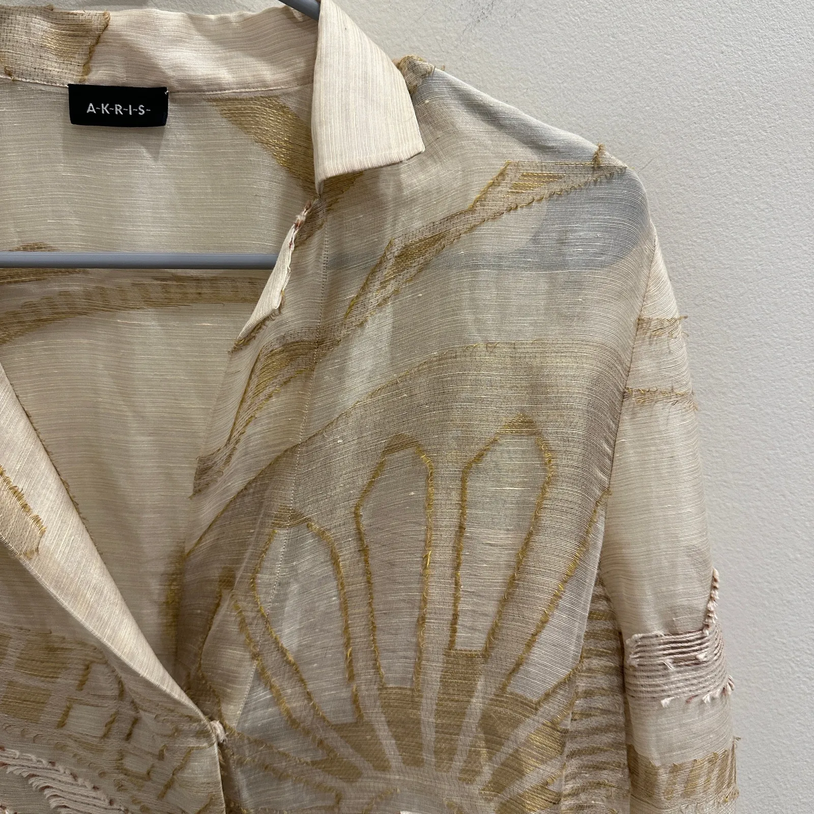 Akris Sheer Linen Silk Cotton Embroidered Abstract Boho Blouse Beige Gold Size 8 - Image 4