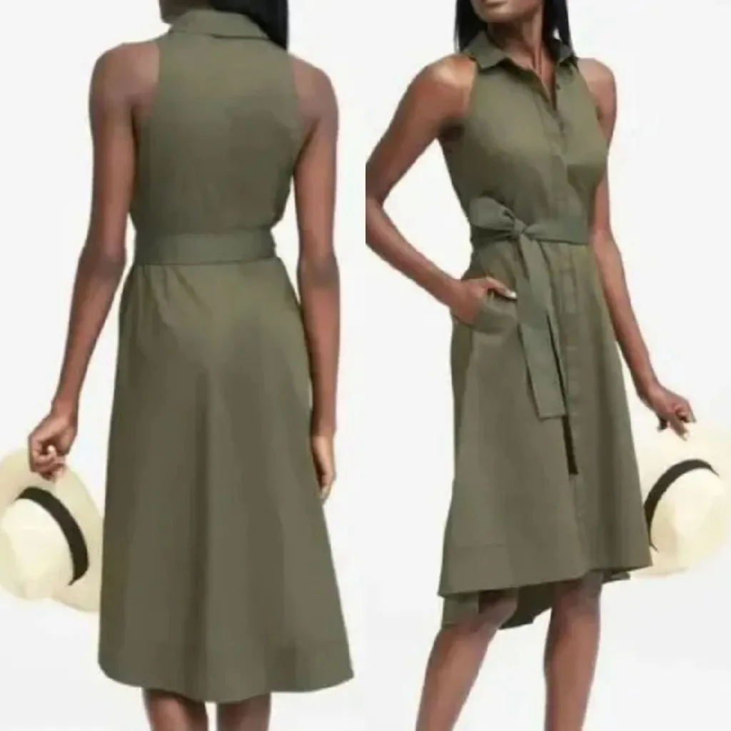 Banana Republic Army Green Olive Button Down Cotton Hi Low Pocket Shirt Dress - Image 2