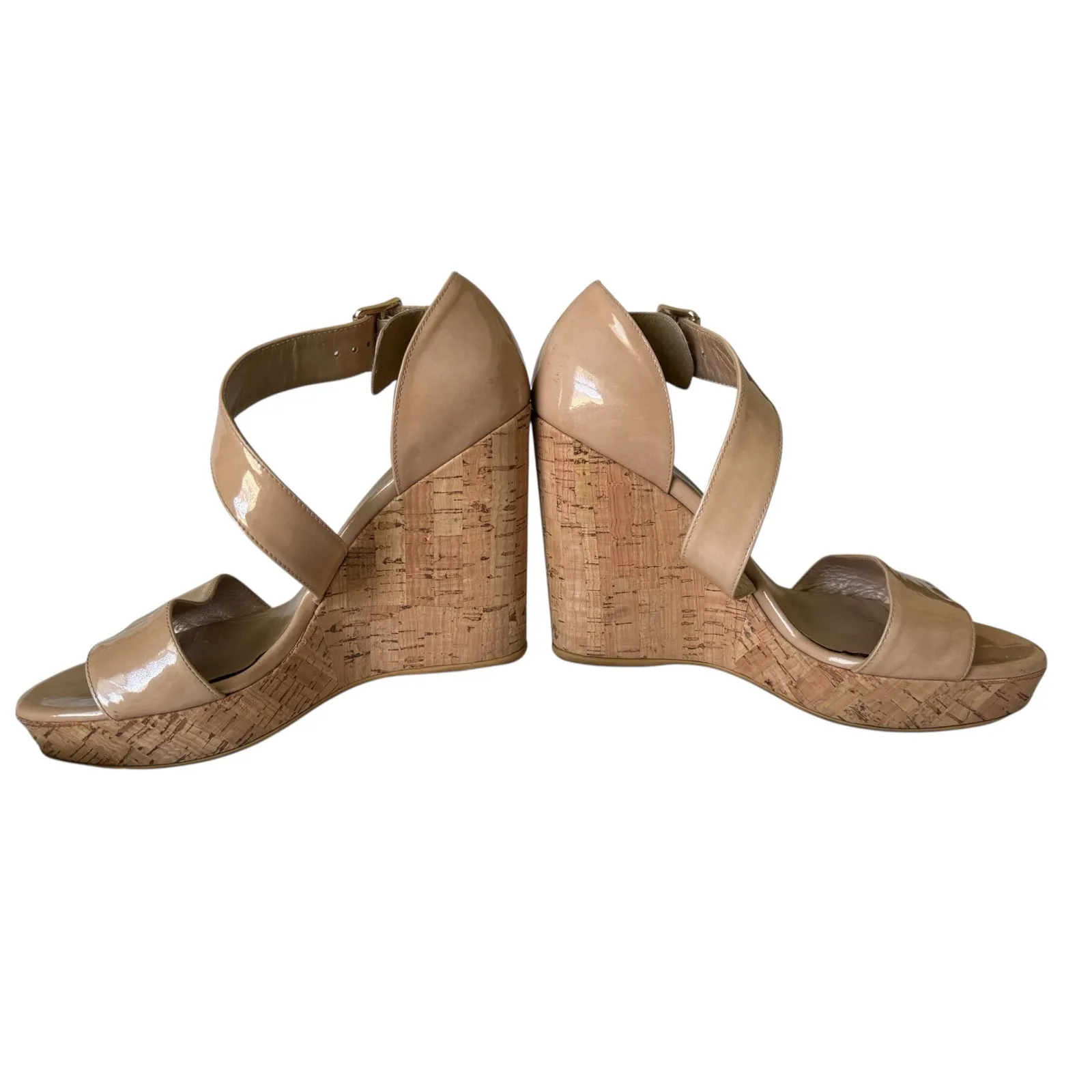 Stuart Weitzman Nude Patent Leather Cork Wedge Platform Sandals 9M Made in Spain - Image 4
